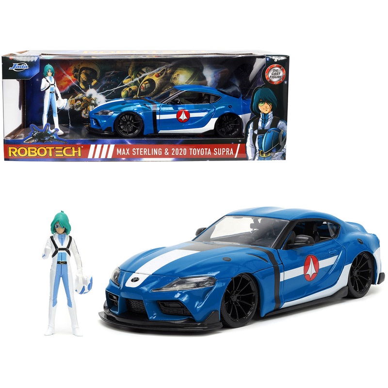 2020 Toyota Supra Blue with Graphics and Max Sterling Diecast Figurine “Robotech” “Hollywood Rides” Series 1/24 Diecast Model Car by Jada