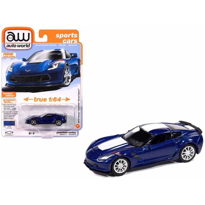 2018 Chevrolet Corvette Grand Sport Admiral Blue with White Stripe “Sports Cars” Series 1/64 Diecast Model Car by Auto World
