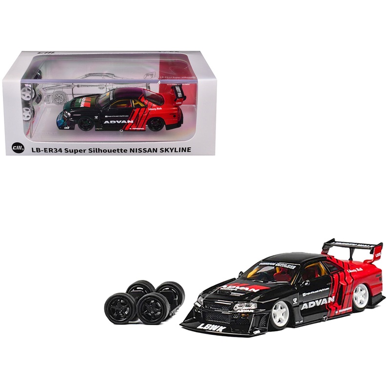 Nissan Skyline LB-ER34 “Super Silhouette” RHD (Right Hand Drive) “ADVAN” Black and Red with Extra Wheels 1/64 Diecast Model Car by CM Model
