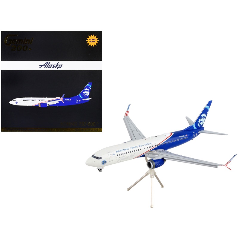 Boeing 737-800 Commercial Aircraft with Flaps Down “Alaska Airlines – Honoring Those Who Serve” White and Blue “Gemini 200” Series 1/200 Diecast Model Airplane by GeminiJets
