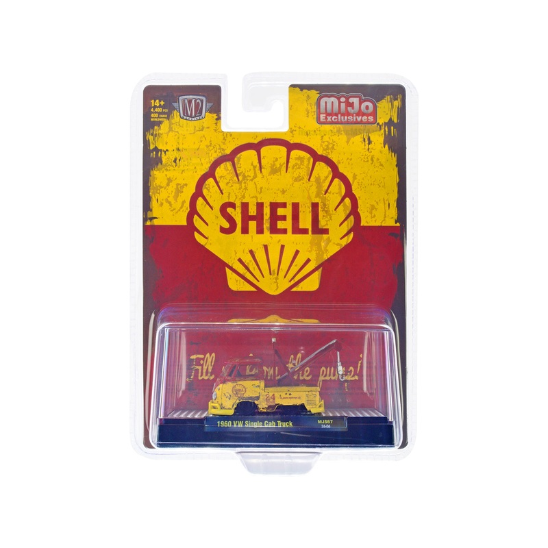 1960 Volkswagen Single Cab Tow Truck Yellow and Red (Weathered) “Shell Oil” Limited Edition to 4400 pieces Worldwide 1/64 Diecast Model by M2 Machines