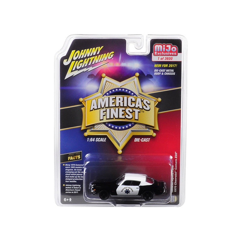 1970 Chevrolet Camaro Z28 California Highway Patrol (CHP) Black and White “America’s Finest” Limited Edition to 3600 pieces Worldwide 1/64 Diecast Model Car by Johnny Lightning