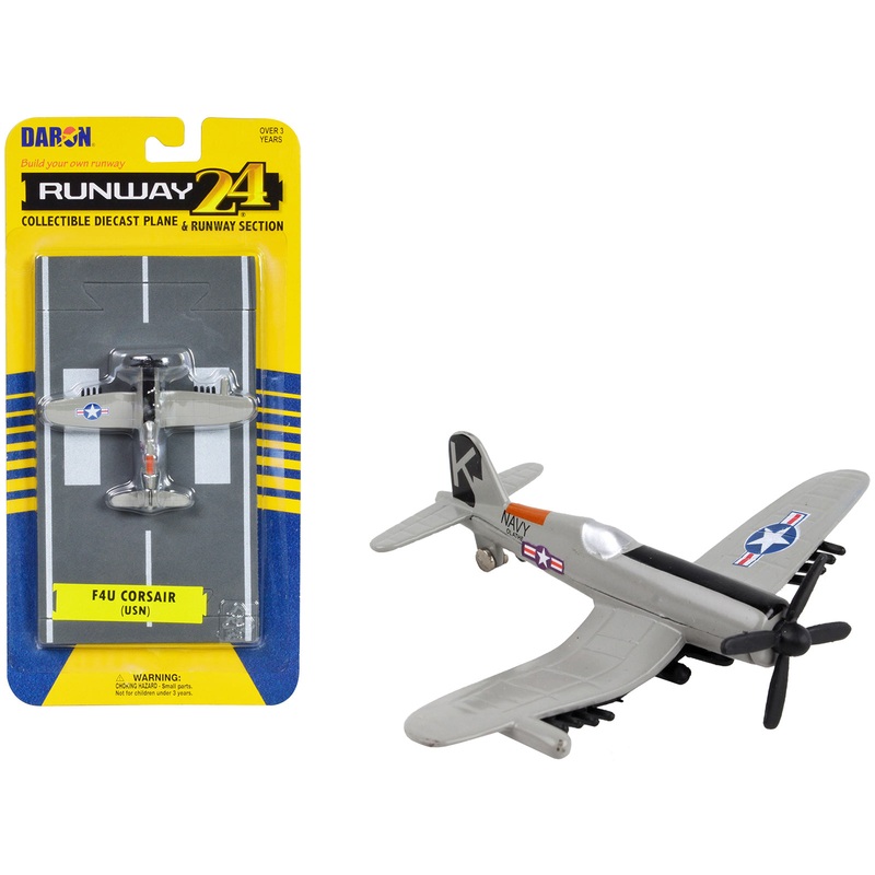 Vought F4U Corsair Fighter Aircraft Gray “United States Navy” with Runway Section Diecast Model Airplane by Runway24