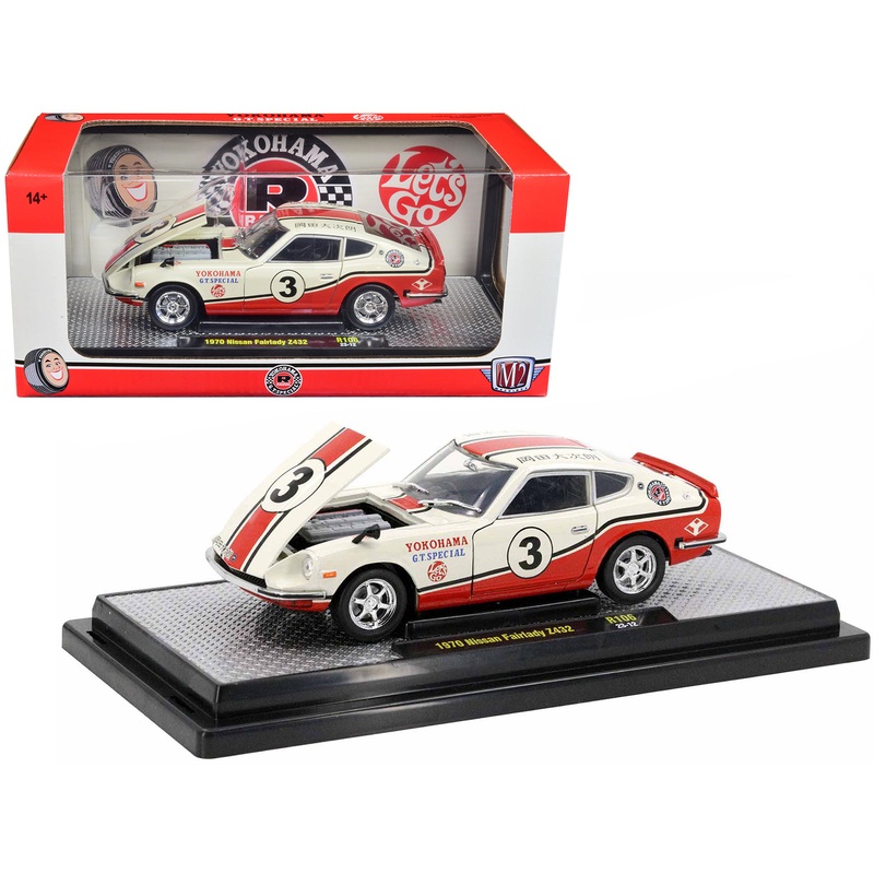 1970 Nissan Fairlady Z 432 RHD (Right Hand Drive) #3 Wimbledon White with Red and Black Stripes “Yokohama GT Special” Limited Edition to 5250 pieces Worldwide 1/24 Diecast Model Car by M2 Machines
