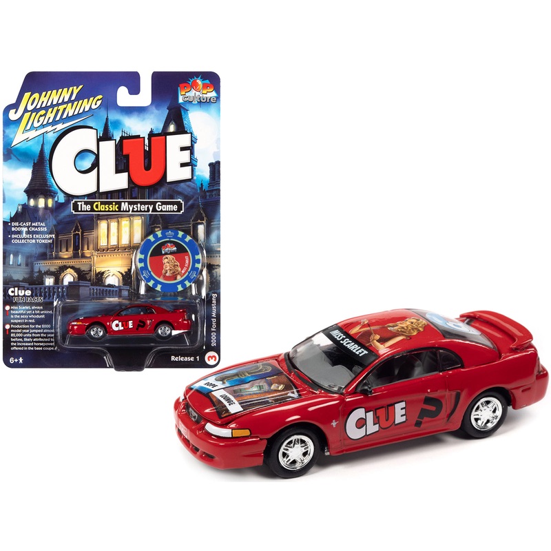 2000 Ford Mustang “Miss Scarlet” Red with Graphics with Poker Chip (Collector Token) “Modern Clue” “Pop Culture” 2022 Release 1 1/64 Diecast Model Car by Johnny Lightning