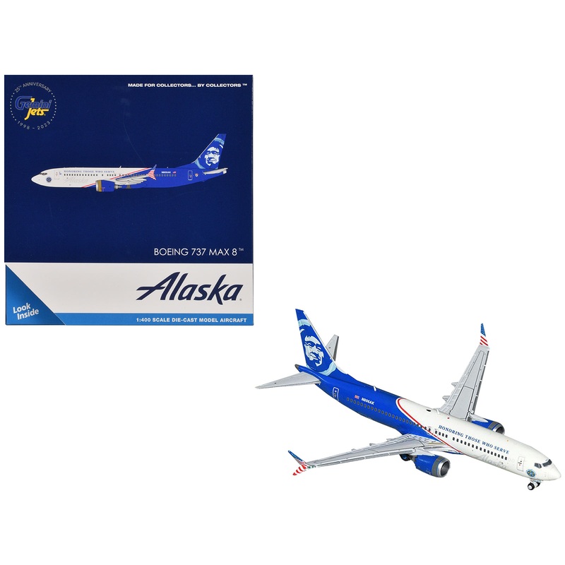 Boeing 737 MAX 8 Commercial Aircraft “Alaska Airlines – Honoring Those Who Serve” (N806AK) White and Blue 1/400 Diecast Model Airplane by GeminiJets