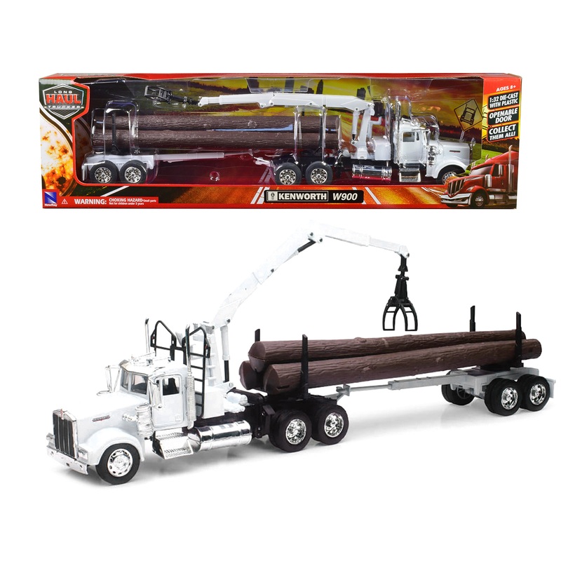 Kenworth W900 Log Hauler with Grabber White with Log Accessories “Long Haul Trucker” Series 1/32 Diecast Model by New Ray
