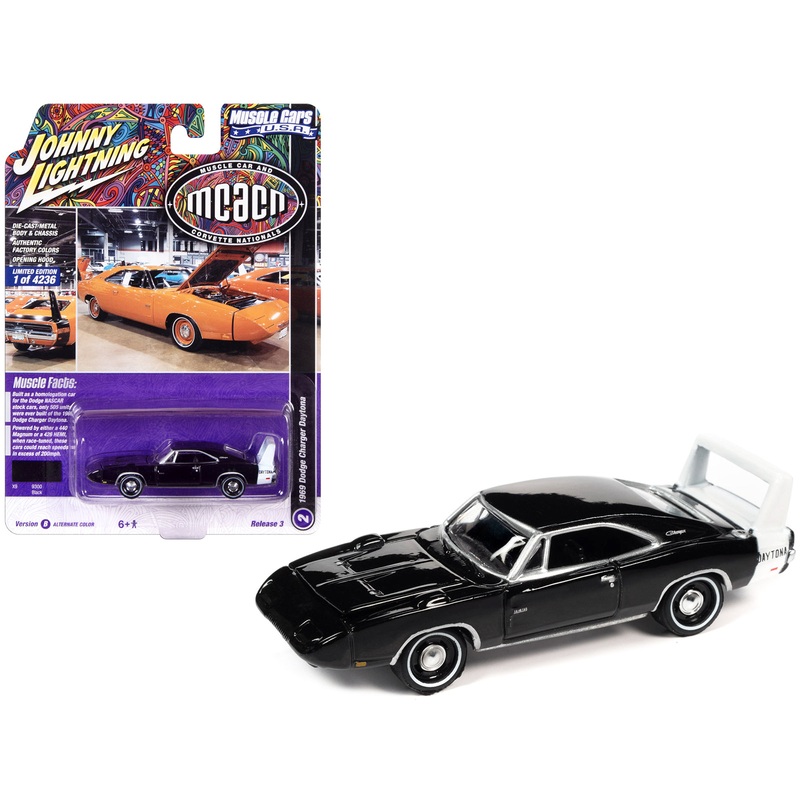 1969 Dodge Charger Daytona Black with White Tail Stripe “MCACN (Muscle Car and Corvette Nationals)” Limited Edition to 4236 pieces Worldwide “Muscle Cars USA” Series 1/64 Diecast Model Car by Johnny Lightning