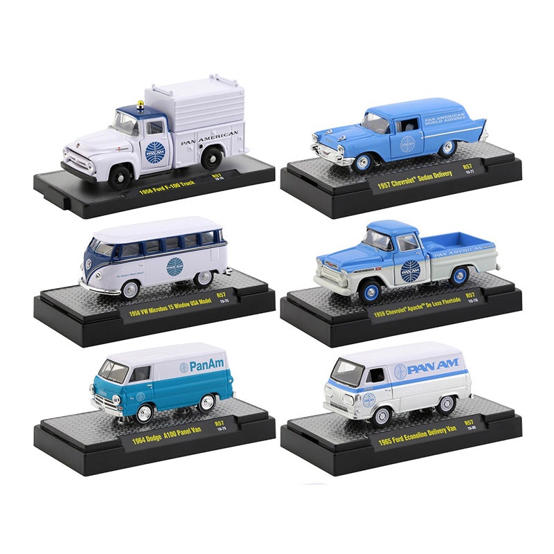 “Auto Trucks” Set of 6 pieces Release 57 “Pan American World Airways” (Pan Am) IN DISPLAY CASES 1/64 Diecast Model Cars by M2 Machines