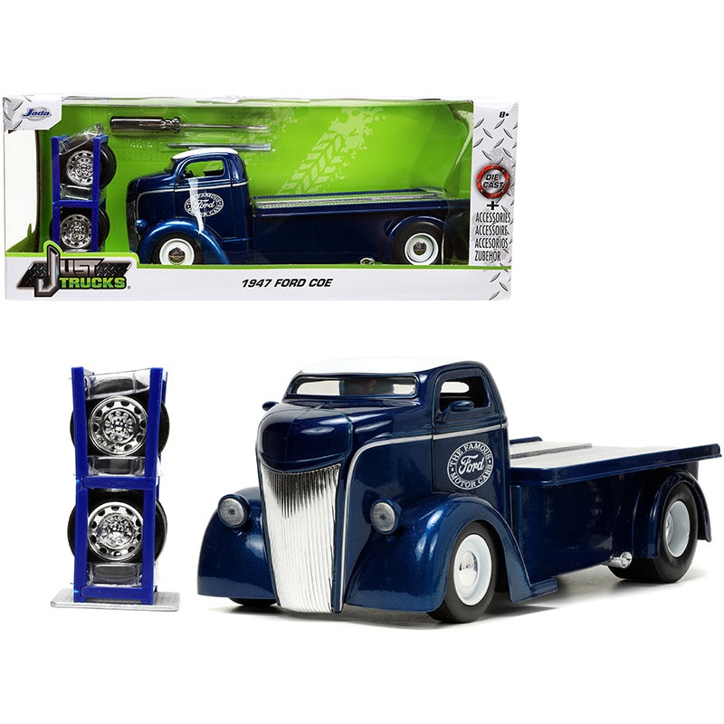 1947 Ford COE Flatbed Truck Dark Blue Metallic with White Top “The Famous Motor Cars” with Extra Wheels “Just Trucks” Series 1/24 Diecast Model by Jada