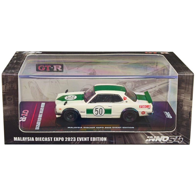 Nissan Skyline 2000 GT-R (KPGC10) #50 RHD (Right Hand Drive) White with Green Stripes “Malaysia Diecast Expo Event Edition” (2023) 1/64 Diecast Model Car by Inno Models