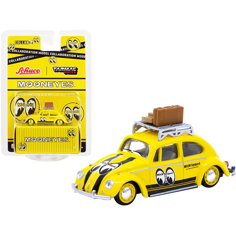 Volkswagen Beetle Low Ride Yellow with Roof Rack and Luggage “Mooneyes” “Collaboration Model” 1/64 Diecast Model Car by Schuco & Tarmac Works
