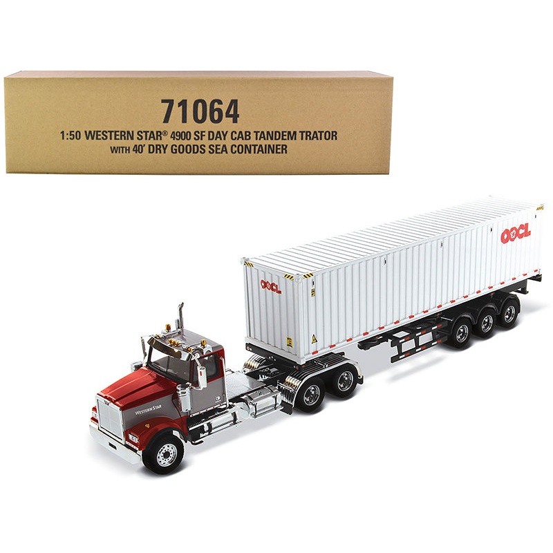 Western Star 4900 SF Tandem Day Cab Truck Tractor Red and Gray with 40′ Dry Goods Sea Container “OOCL” White “Transport Series” 1/50 Diecast Model by Diecast Masters