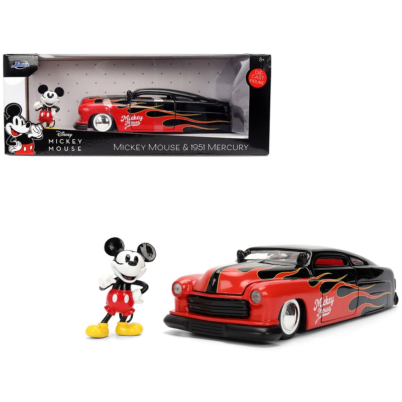 1951 Mercury Coupe Black with Flame Graphics and Red Interior and Mickey Mouse Diecast Figure “Disney’s Mickey Mouse” “Hollywood Rides” Series 1/24 Diecast Model Car by Jada