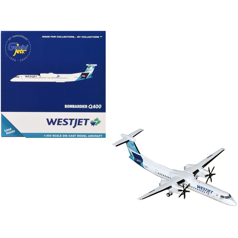 Bombardier Q400 Commercial Aircraft “WestJet” (C-FOEN) White with Blue Tail 1/400 Diecast Model Airplane by GeminiJets
