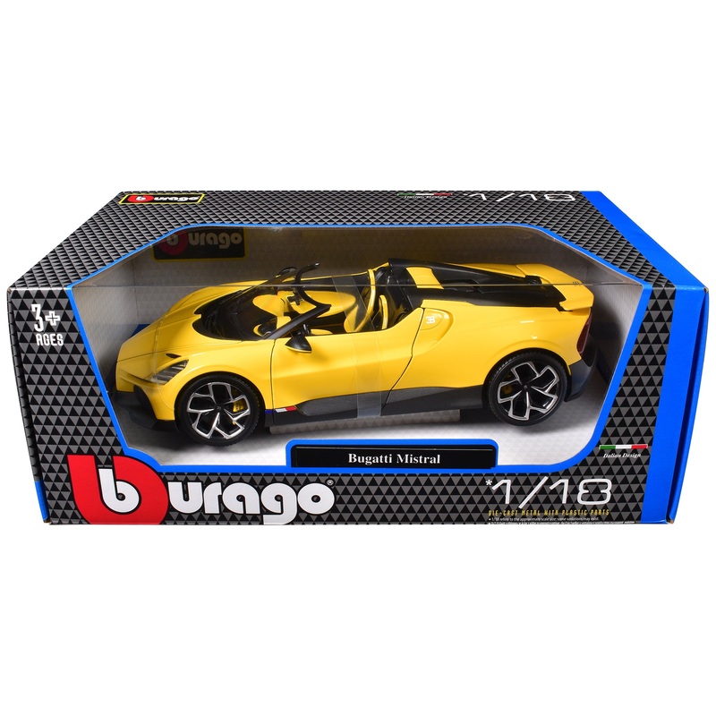 Bugatti Mistral Yellow with Carbon Accents 1/18 Diecast Model Car by Bburago