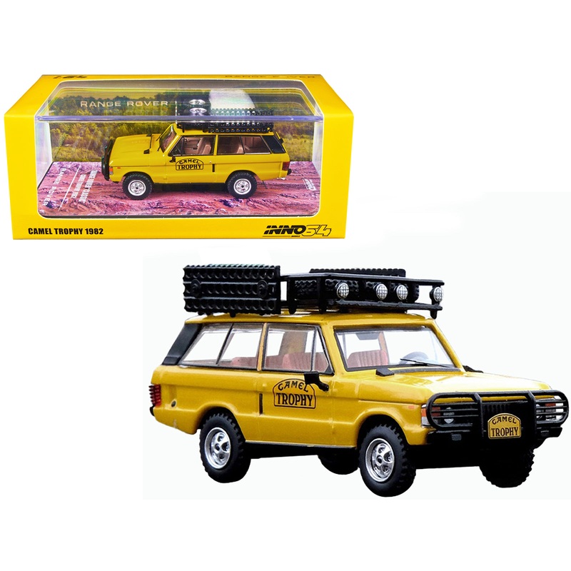 Land Rover Range Rover Classic “Camel Trophy 1982” Yellow with Roof Rack Tool Box and 4 Oil Container Accessories 1/64 Diecast Model Car by Inno Models