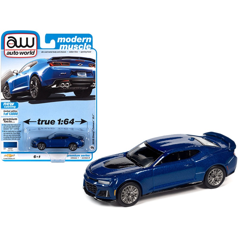 2018 Chevrolet Camaro ZL1 Hyper Blue Metallic “Modern Muscle” Limited Edition to 13000 pieces Worldwide 1/64 Diecast Model Car by Auto World