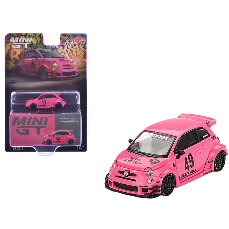 ABARTH 595 #49 “LB-Works x Abas Works” Pink Limited Edition 1/64 Diecast Model Car by Mini GT