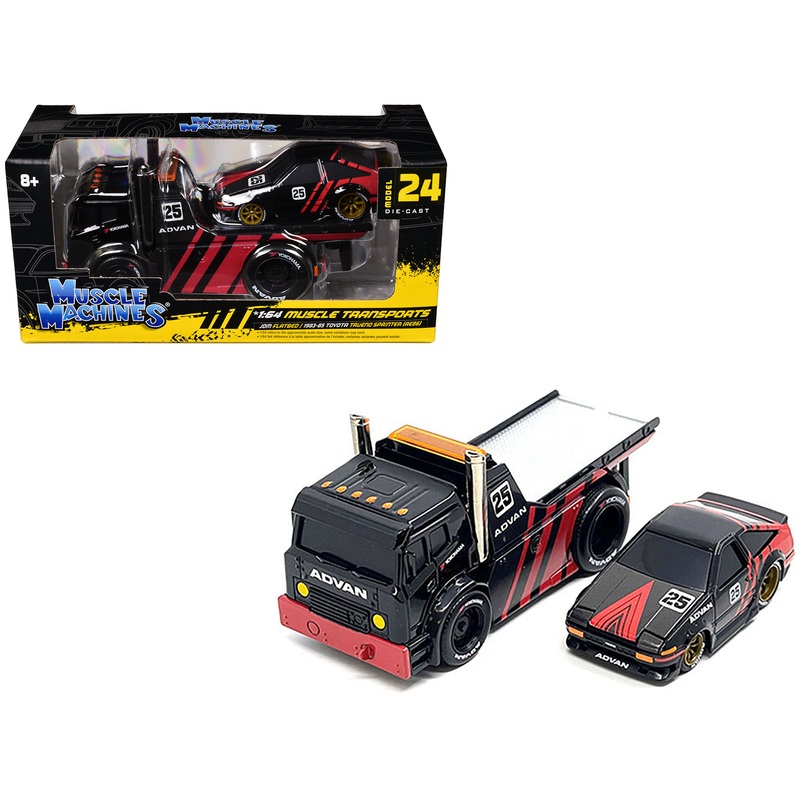 JDM Flatbed Truck #25 Black and Red and 1983-85 Toyota Trueno Sprinter (AE86) #25 Black and Red “Advan” Livery “Muscle Transports” Series 1/64 Diecast Models by Muscle Machines