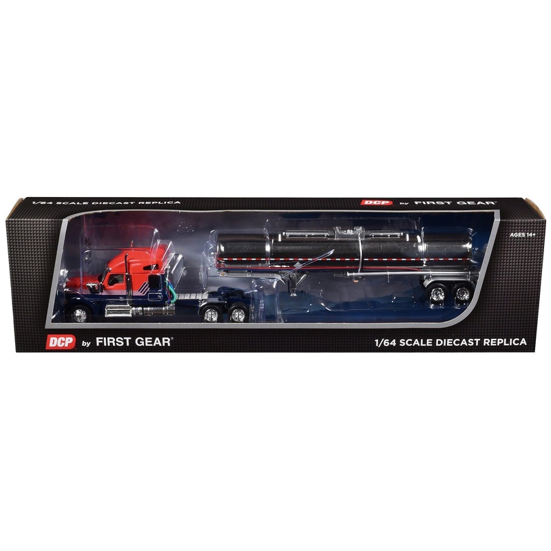 Kenworth W990 with 76″ Mid-Roof Sleeper and Brenner Chemical Grade Tandem Axle Tanker Trailer Red and Navy Blue 1/64 Diecast Model by DCP/First Gear