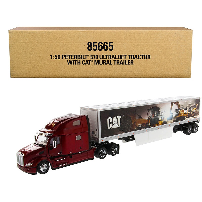Peterbilt 579 UltraLoft Truck Tractor Red with “CAT Caterpillar” Mural Dry Van Trailer “Transport Series” 1/50 Diecast Model by Diecast Masters