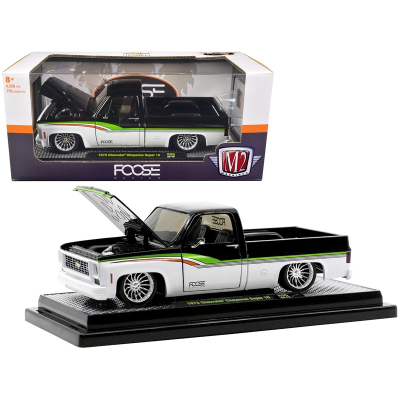 1973 Chevrolet Cheyenne Super 10 Pickup Truck Black and Bright White with Stripes “FOOSE Design” Limited Edition to 6550 pieces Worldwide 1/24 Diecast Model Car by M2 Machines
