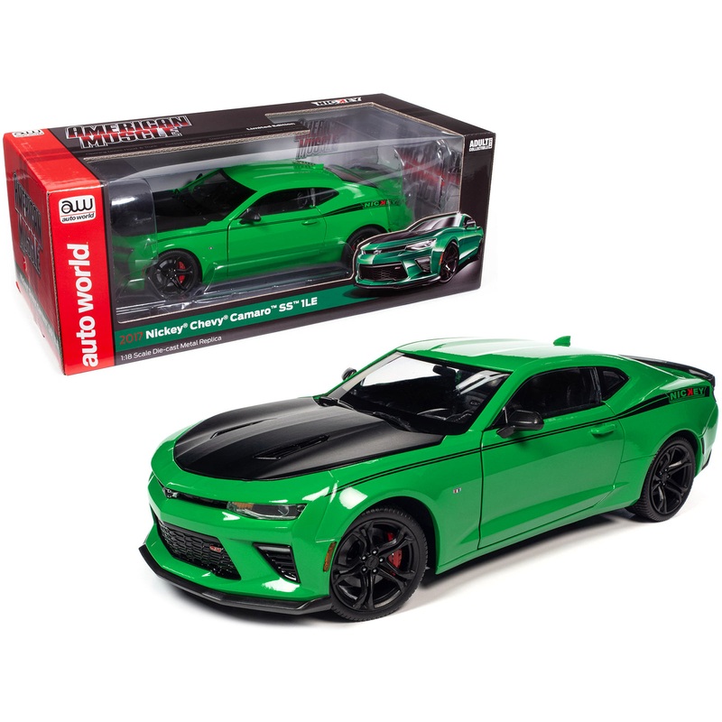 2017 Chevrolet Nickey Camaro SS 1LE Krypton Green with Matt Black Hood and Black Stripes 1/18 Diecast Model Car by Auto World
