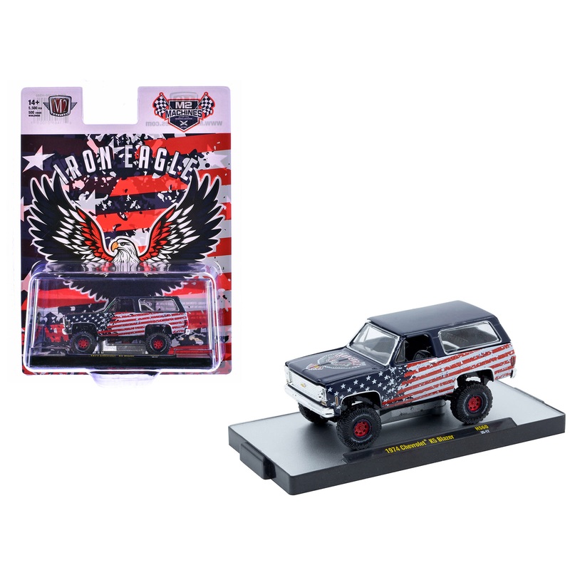 1974 Chevrolet K5 Blazer “Iron Eagle” Dark Blue with American Flag Graphics Limited Edition to 5500 pieces Worldwide 1/64 Diecast Model Car by M2 Machines