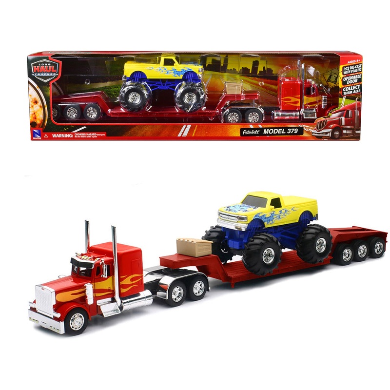 Peterbilt 379 Truck with Lowboy Trailer Red with Orange Flames and Monster Truck Yellow with Blue Flames “Long Haul Truckers” Series 1/32 Diecast Model by New Ray