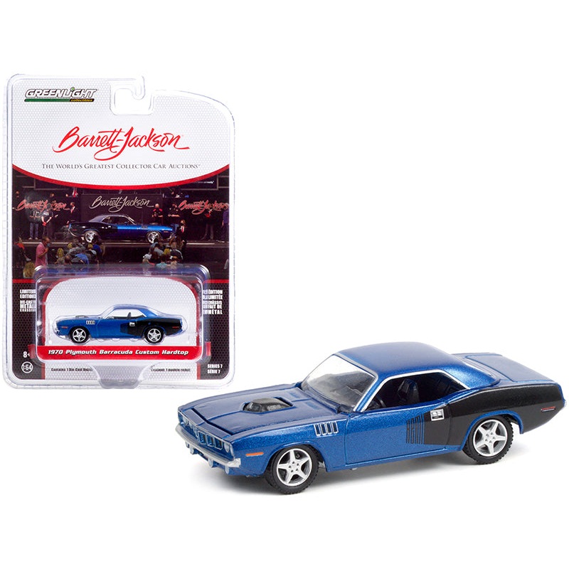1970 Plymouth Barracuda Custom Hardtop Blue Metallic and Black with Modern HEMI Lettering (Lot #720) Barrett Jackson “Scottsdale Edition” Series 7 1/64 Diecast Model Car by Greenlight