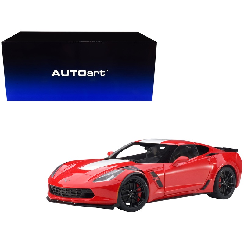 2017 Chevrolet Corvette C7 Grand Sport Red with White Stripe and Black Fender Hash Marks 1/18 Model Car by Autoart