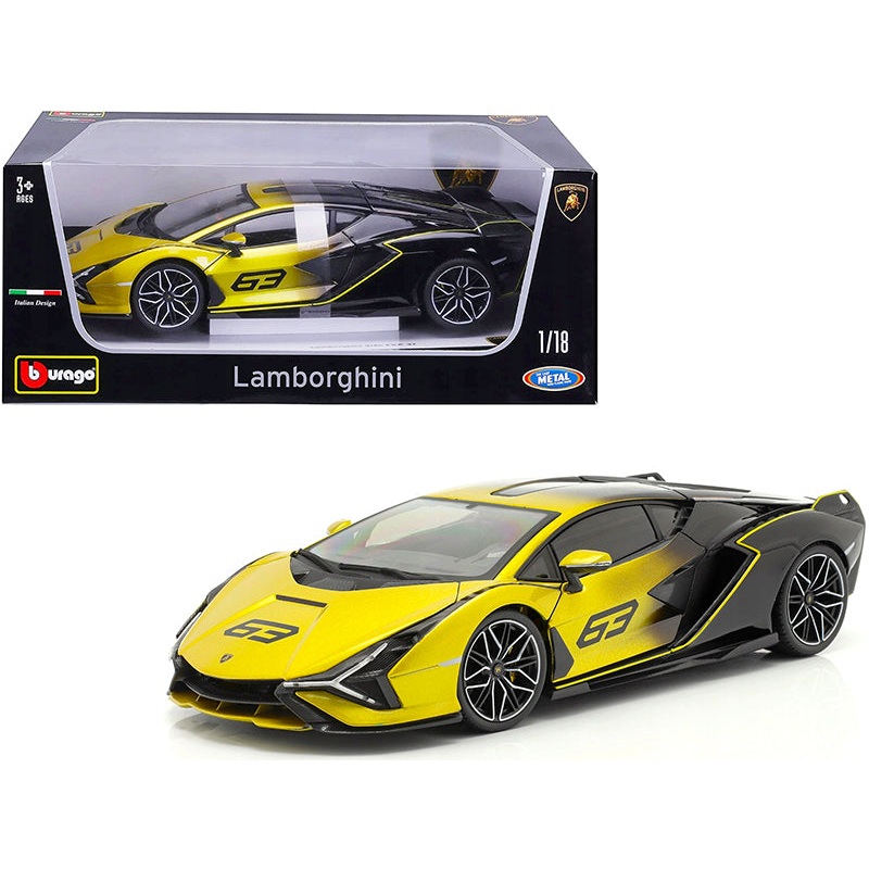 Lamborghini Sian FKP 37 #63 Yellow Metallic and Black 1/18 Diecast Model Car by Bburago