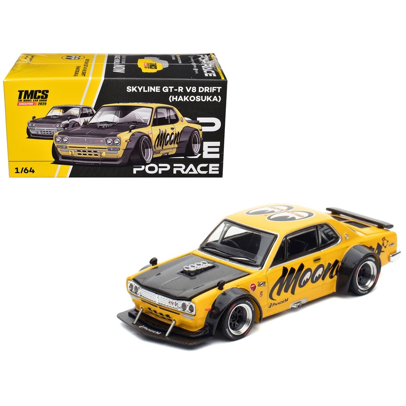 Skyline GT-R V8 Drift “Hakosuka” RHD (Right Hand Drive) “Mooneyes” Yellow with Carbon Hood “The Model Car Show Singapore 2025” 1/64 Diecast Model Car by Pop Race