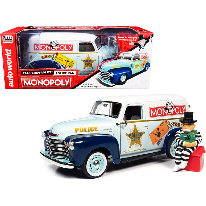 1948 Chevrolet Panel Police Van with Mr. Monopoly Figurine “Monopoly” 1/18 Diecast Model Car by Auto World
