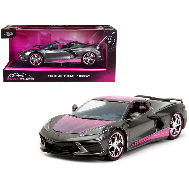 2020 Chevrolet Corvette Stingray Gray Metallic with Pink Carbon Hood and Top “Pink Slips” Series 1/24 Diecast Model Car by Jada