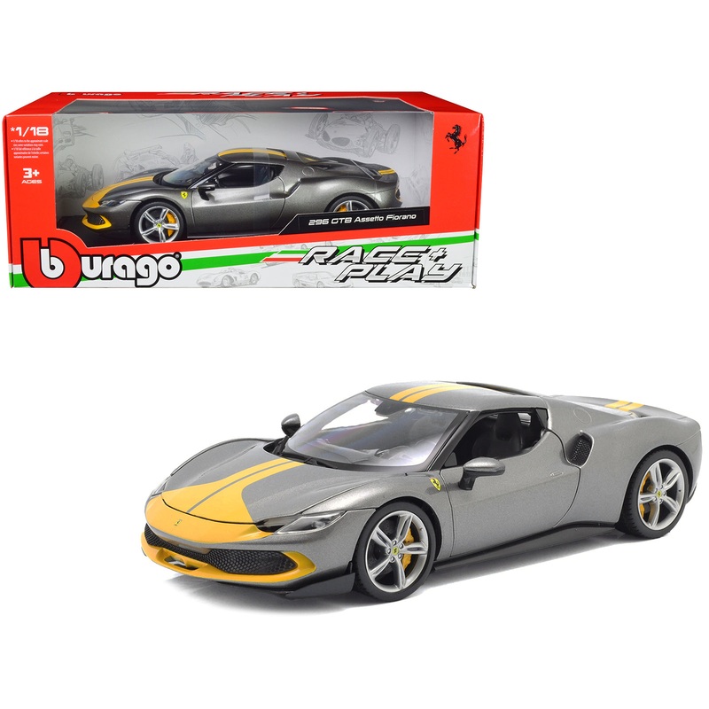 Ferrari 296 GTB Assetto Fiorano Gray Metallic with Yellow Stripes “Race + Play” Series 1/18 Diecast Model Car by Bburago