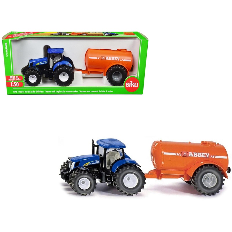 New Holland T7070 Tractor Blue with Abbey Single Axle Vacuum Tanker Orange 1/50 Diecast Model by Siku