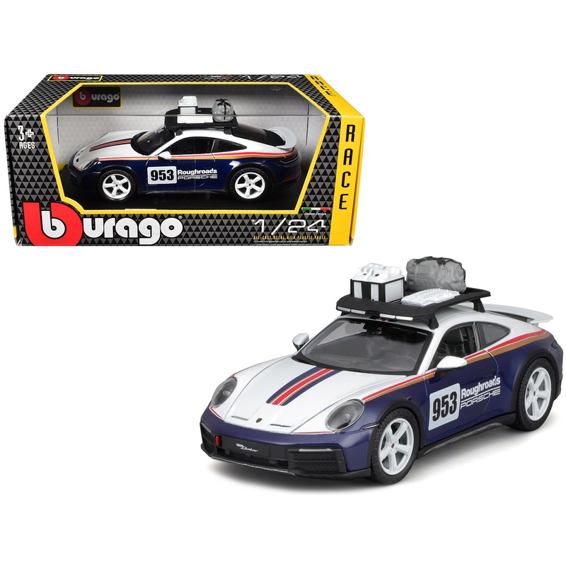 Porsche 911 Dakar #953 “Roughroads Porsche” Blue and White with Stripes and Roof Rack “Race” Series 1/24 Diecast Model Car by Bburago