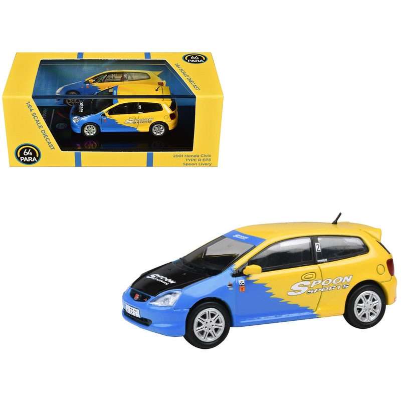 2001 Honda Civic Type R EP3 Blue and Yellow with Black Hood “Spoon Sports” 1/64 Diecast Model Car by Paragon Models