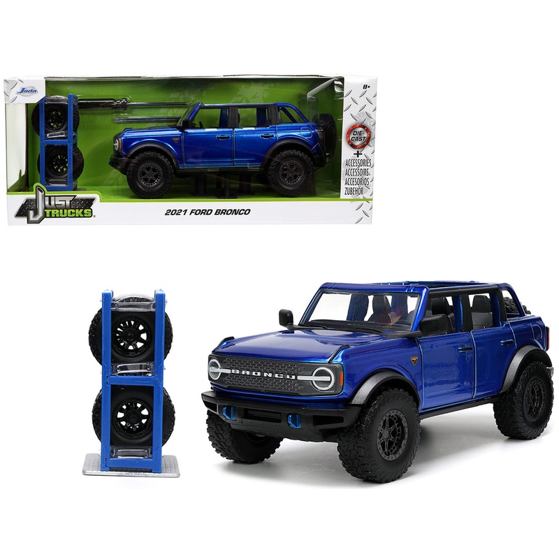 2021 Ford Bronco Open-Top Candy Blue Metallic with Extra Wheels “Just Trucks” Series 1/24 Diecast Model Car by Jada