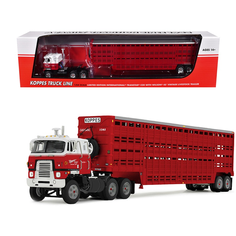 International TranStar COE and 45′ Wilson Vintage Livestock Trailer “Koppes Truck Line” Red and White 1/64 Diecast Model by DCP/First Gear