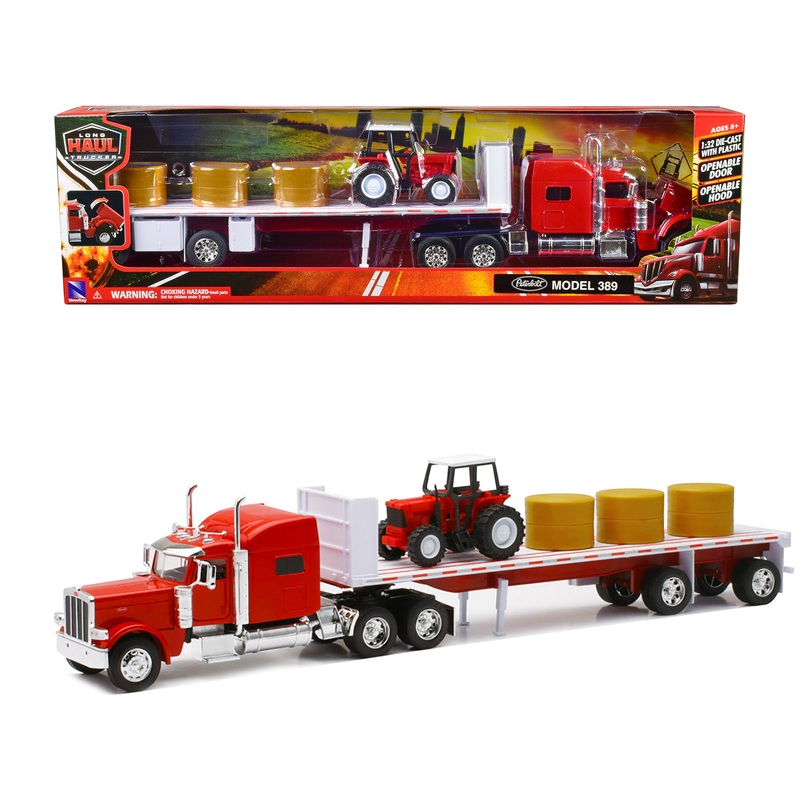 Peterbilt 389 Flatbed Truck Red with Farm Tractor Red and Hay Bales “Long Haul Trucker” Series 1/32 Diecast Model by New Ray