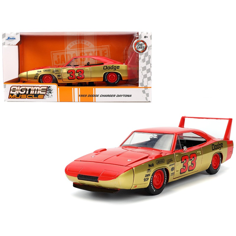 1969 Dodge Charger Daytona #33 Red and Gold Metallic with Graphics “Bigtime Muscle” Series 1/24 Diecast Model Car by Jada