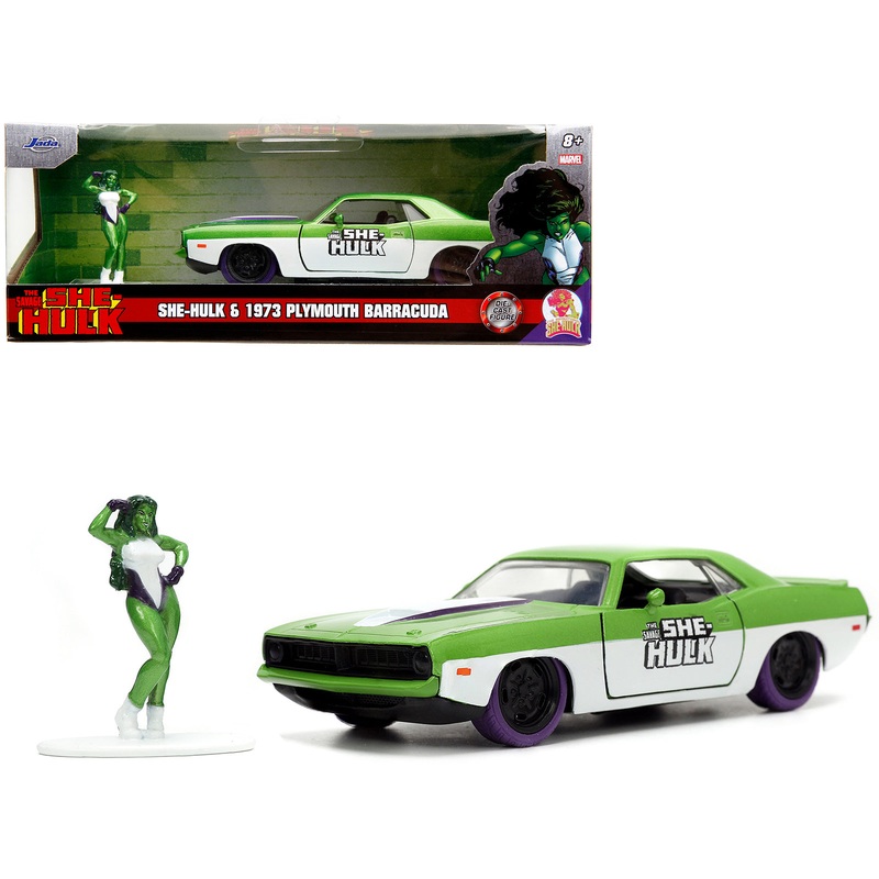 1973 Plymouth Barracuda Green Metallic and White and She-Hulk Diecast Figure “The Savage She-Hulk” “Hollywood Rides” Series 1/32 Diecast Model Car by Jada