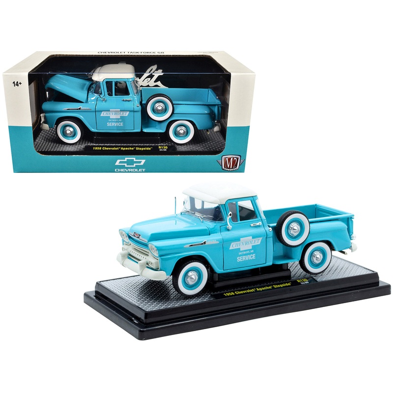 1958 Chevrolet Apache Stepside Pickup Truck “Chevrolet Service” Light Blue with White Top Limited Edition to 6650 pieces Worldwide 1/24 Diecast Model Car by M2 Machines