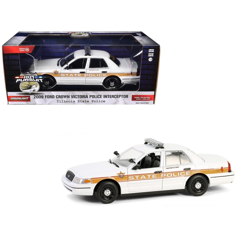 2009 Ford Crown Victoria Police Interceptor White with Yellow and Red Stripes “Illinois State Police” “Hot Pursuit” Series 10 1/24 Diecast Model Car by Greenlight