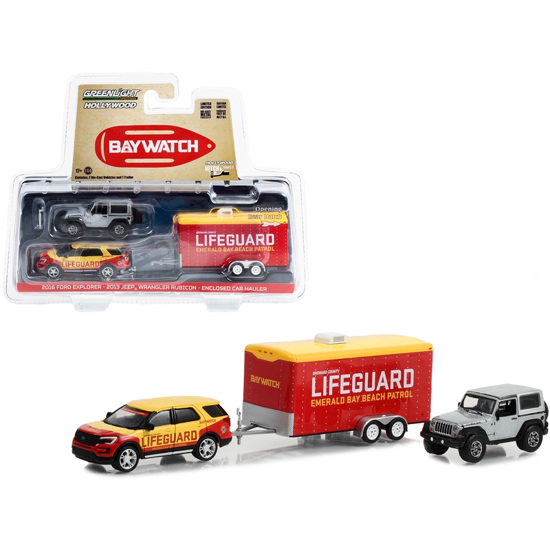 2016 Ford Explorer “Emerald Bay Beach Patrol Lifeguard” Yellow and Red with 2013 Jeep Wrangler Rubicon Gray and Enclosed Car Hauler “Baywatch” (2017) Movie “Hollywood Hitch & Tow” Series 11 1/64 Diecast Model Cars by Greenlight