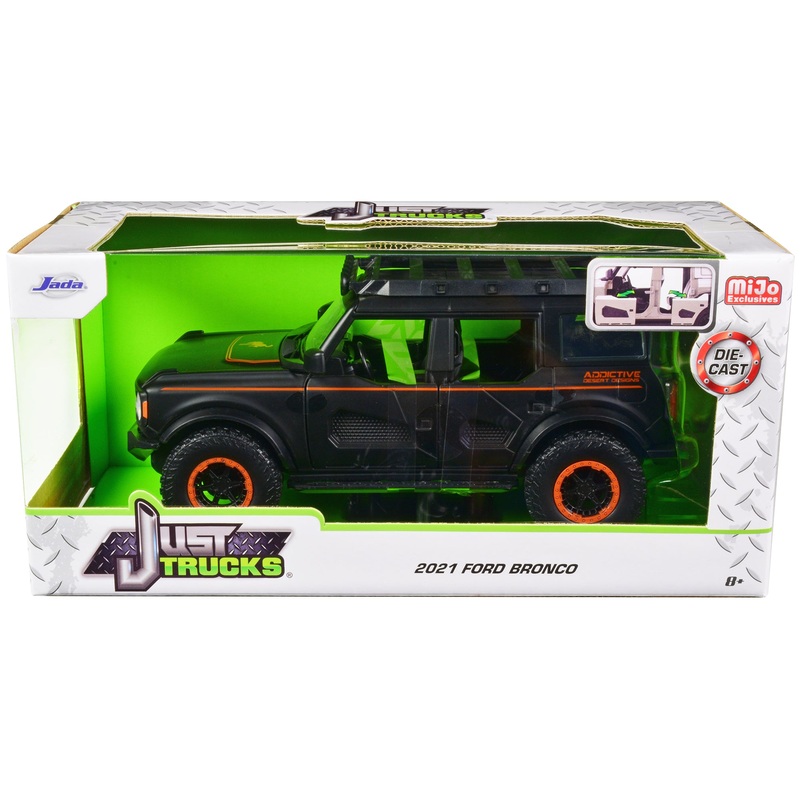 2021 Ford Bronco Matt Black with Orange Stripes and Roof Rack “Addictive Desert Designs” “Just Trucks” Series 1/24 Diecast Model Car by Jada