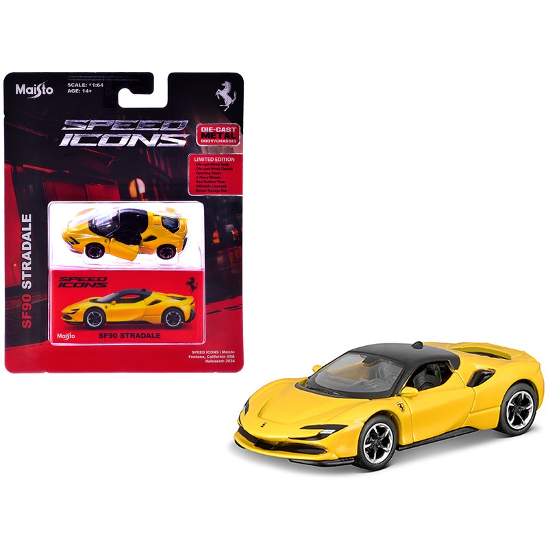 Ferrari SF90 Stradale Yellow with Black Top “Speed Icons” Series 1/64 Diecast Model Car by Maisto